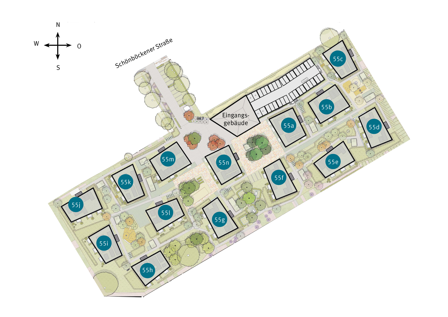 Lageplan der Wohnanlage mit Gebäuden, Wegen und Grünflächen