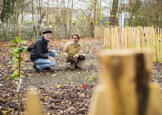 Zwei Mieterinnen, die ein Beet haben, sitzen an einem Herbsttag im Mietergarten in der Hocke und lächeln in die Kamera.