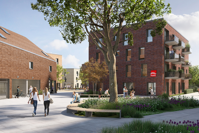 So soll das neue Quartier einmal aussehen: Es gibt 14 neue Gebäude und das sogenannte Eingangsgebäude.