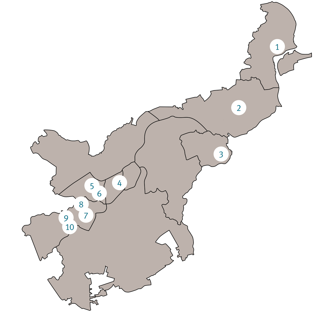 Stadtkarte von Lübeck mit eingezeichneten Punkten, die Kunst-am-Bau-Objekte im TRAVE-Bestand kennzeichnen.